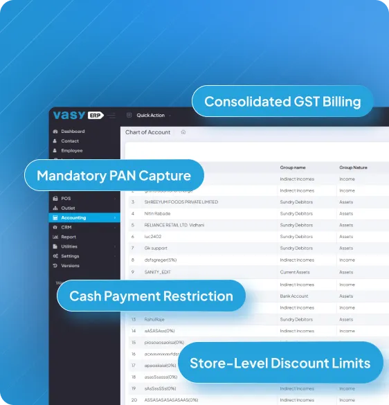 Financial compliance module with GST billing, PAN validation, and cash control in ERP