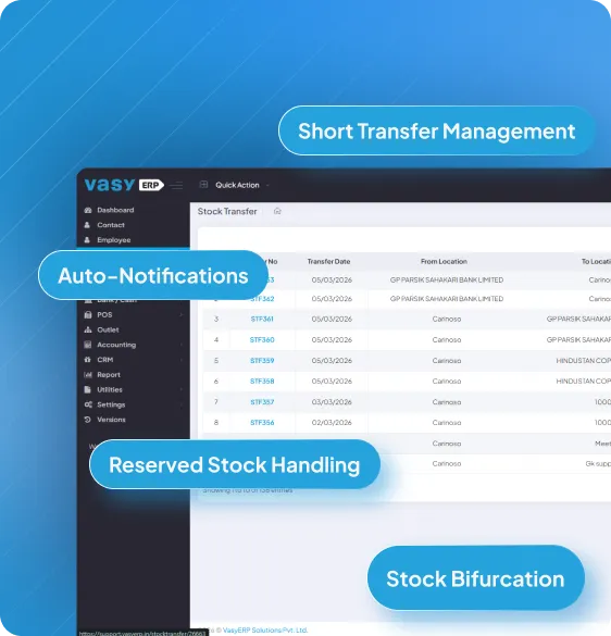 Multi-store stock transfer and inventory movement management in optical ERP system