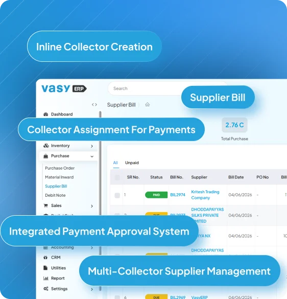 Structured supplier payment workflow with collector assignment by VasyERP for ISCON Gathiya 