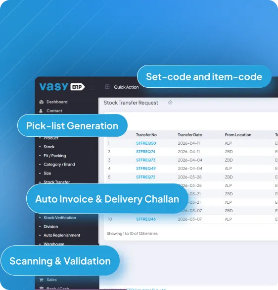 Inventory management ERP for stock transfer, picklist generation and barcode validation in warehouse