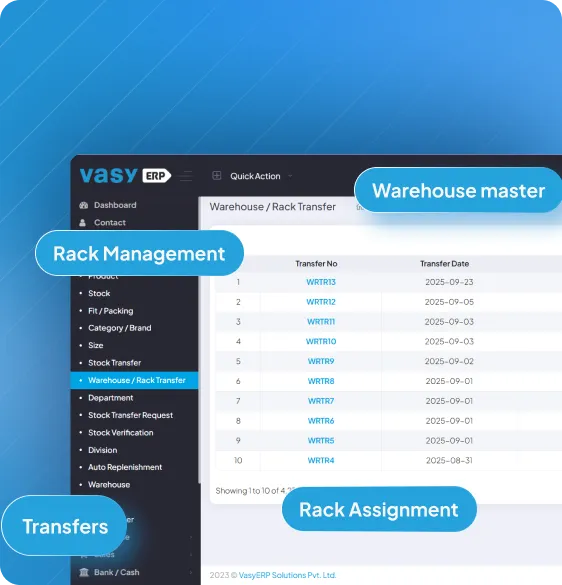 Warehouse management system with rack allocation, inventory tracking and multi-location stock control