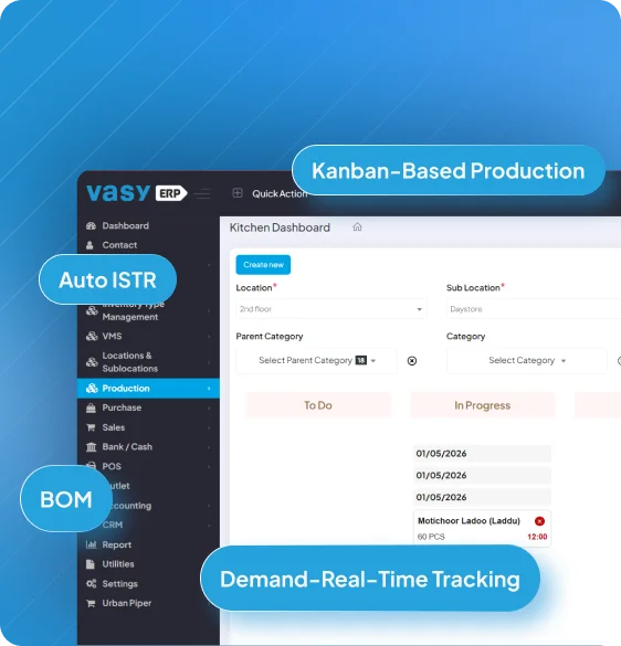 Real-time kitchen production workflow tracking and task management in VasyERP ERP software