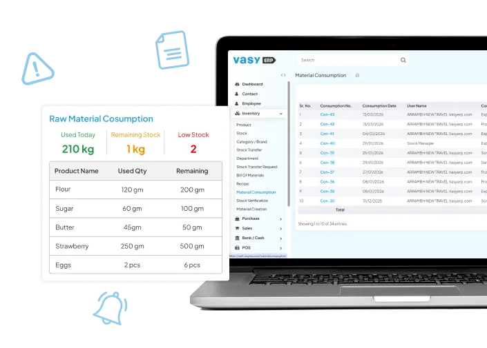 Raw material consumption tracking feature showing ingredient usage per batch 
