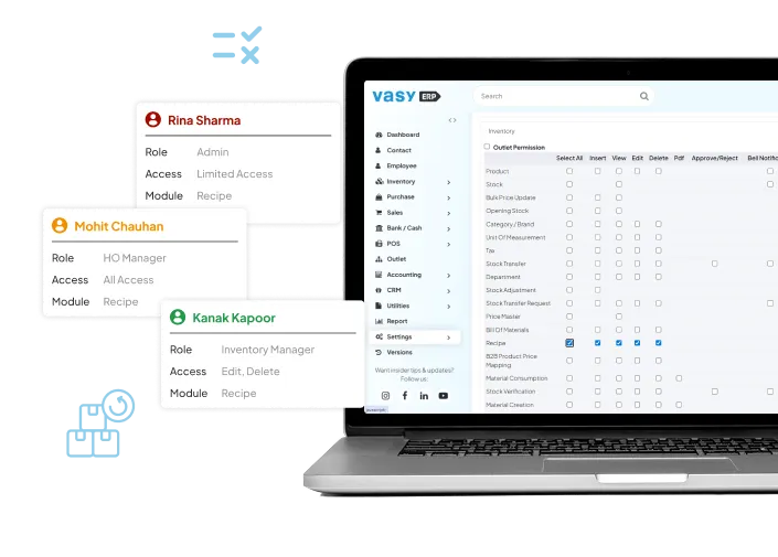 User role and access control panel to manage recipe editing permissions in VasyERP