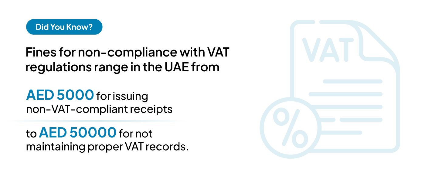 According to Sovereign Research, fines for non-compliance with VAT regulations in the UAE range from AED 5,000 for issuing non-VAT-compliant receipts to AED 50,000 for failing to maintain proper VAT records.