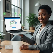 Professional registering as VasyERP partner at desk with laptop