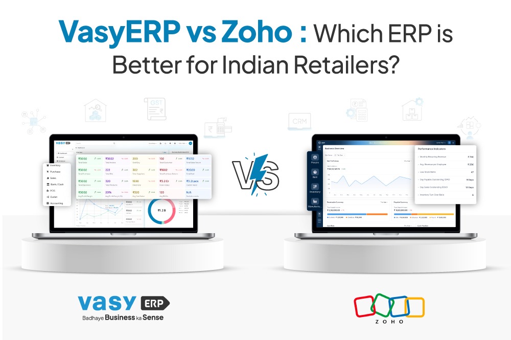 VasyERP vs Zoho comparison showing ERP software dashboards to evaluate which ERP system is better for Indian retailers.
